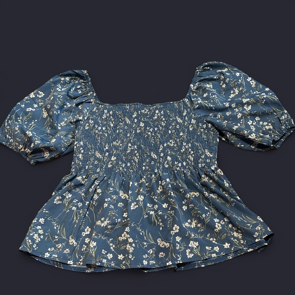 Floral Blue Smocked Women's Top